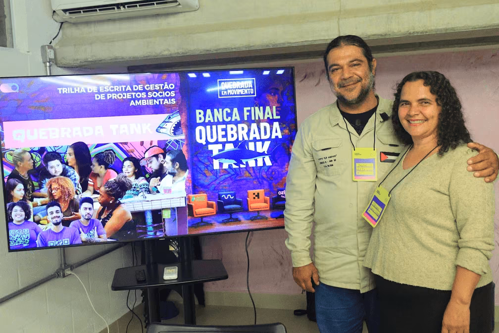Empreendedores da Horta Comunitária do Parque Itajaí na Banca Final do Quebrada Tank em 2025, apresentando pitch para receber investimentos do Fundo da Quebrada.