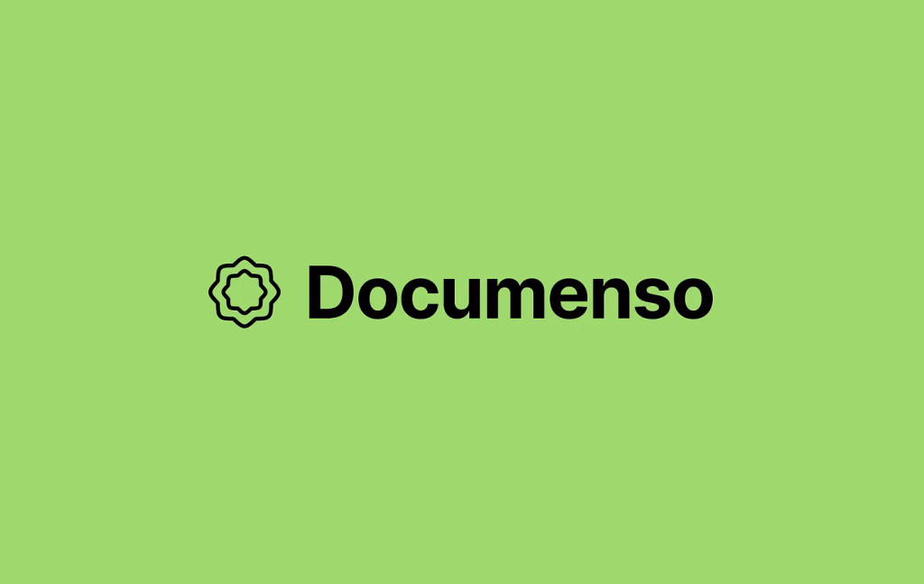 Green background with the black Documenso logo, an abstract seal beside the wordmark.